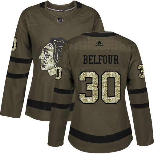 Women's Adidas Chicago Blackhawks #30 ED Belfour Authentic Green Salute to Service NHL Jersey