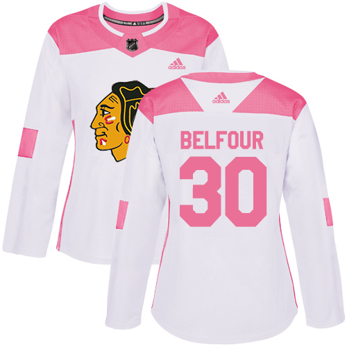 Women's Adidas Chicago Blackhawks #30 ED Belfour Authentic White/Pink Fashion NHL Jersey