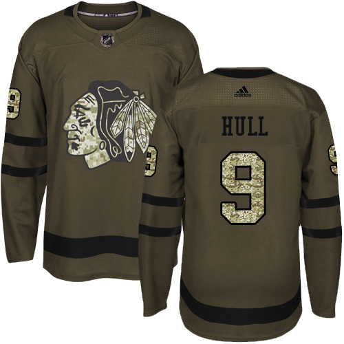 Men's Adidas Chicago Blackhawks #9 Bobby Hull Authentic Green Salute to Service NHL Jersey