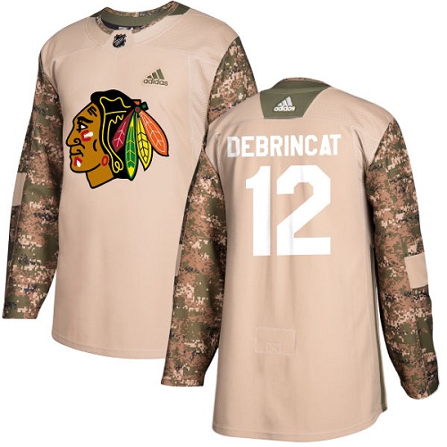 Men's Adidas Chicago Blackhawks #12 Alex DeBrincat Authentic Camo Veterans Day Practice NHL Jersey