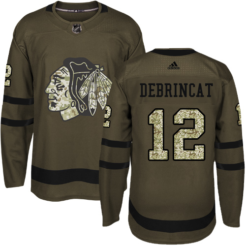 Men's Adidas Chicago Blackhawks #12 Alex DeBrincat Authentic Green Salute to Service NHL Jersey