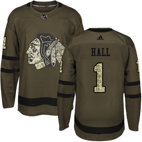 Men's Adidas Chicago Blackhawks #1 Glenn Hall Authentic Green Salute to Service NHL Jersey