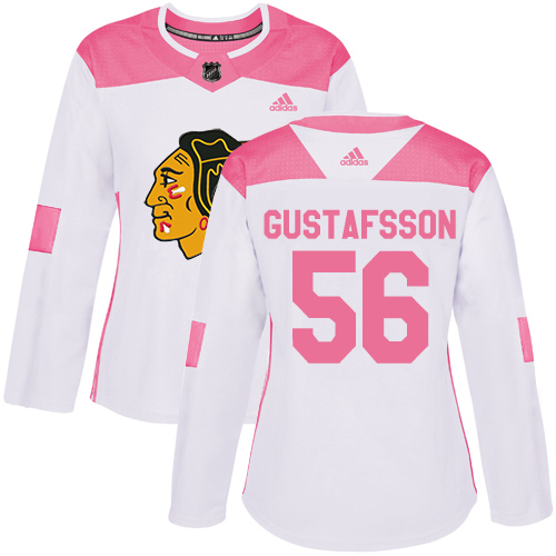 Women's Adidas Chicago Blackhawks #56 Erik Gustafsson Authentic White/Pink Fashion NHL Jersey