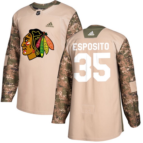 Youth Adidas Chicago Blackhawks #35 Tony Esposito Authentic Camo Veterans Day Practice NHL Jersey