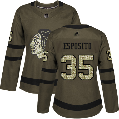Women's Adidas Chicago Blackhawks #35 Tony Esposito Authentic Green Salute to Service NHL Jersey