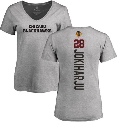 NHL Women's Adidas Chicago Blackhawks #28 Henri Jokiharju Ash Backer T-Shirt