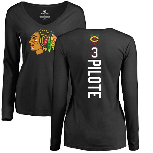NHL Women's Adidas Chicago Blackhawks #3 Pierre Pilote Black Backer Long Sleeve T-Shirt
