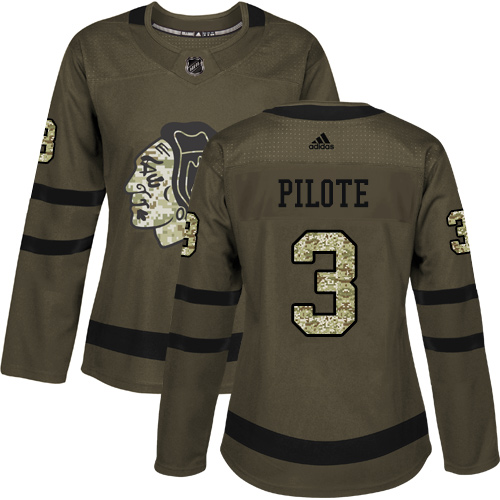 Women's Adidas Chicago Blackhawks #3 Pierre Pilote Authentic Green Salute to Service NHL Jersey
