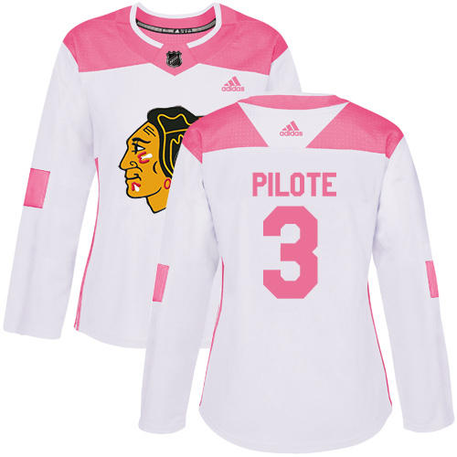 Women's Adidas Chicago Blackhawks #3 Pierre Pilote Authentic White/Pink Fashion NHL Jersey