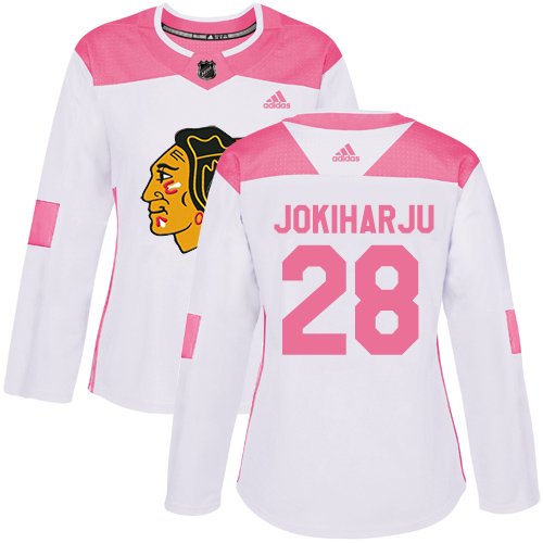 Women's Adidas Chicago Blackhawks #28 Henri Jokiharju Authentic White/Pink Fashion NHL Jersey