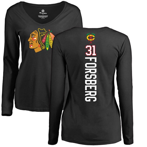 NHL Women's Adidas Chicago Blackhawks #31 Anton Forsberg Black Backer Long Sleeve T-Shirt