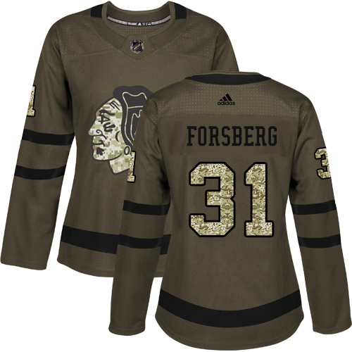 Women's Adidas Chicago Blackhawks #31 Anton Forsberg Authentic Green Salute to Service NHL Jersey