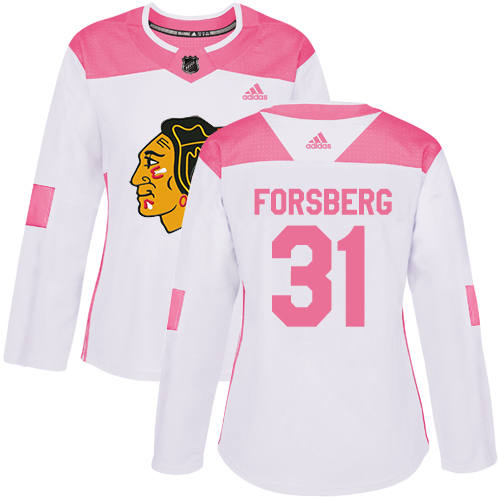 Women's Adidas Chicago Blackhawks #31 Anton Forsberg Authentic White/Pink Fashion NHL Jersey