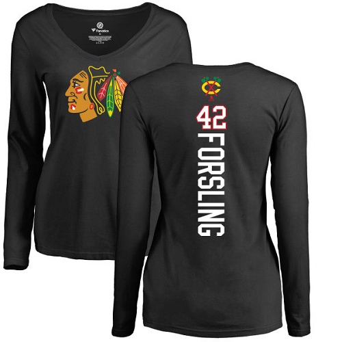 NHL Women's Adidas Chicago Blackhawks #42 Gustav Forsling Black Backer Long Sleeve T-Shirt