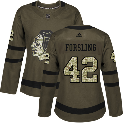 Women's Adidas Chicago Blackhawks #42 Gustav Forsling Authentic Green Salute to Service NHL Jersey