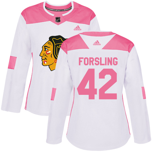 Women's Adidas Chicago Blackhawks #42 Gustav Forsling Authentic White/Pink Fashion NHL Jersey