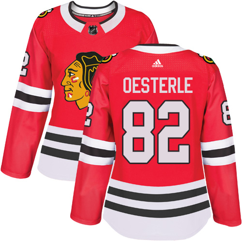 Women's Adidas Chicago Blackhawks #82 Jordan Oesterle Authentic Red Home NHL Jersey