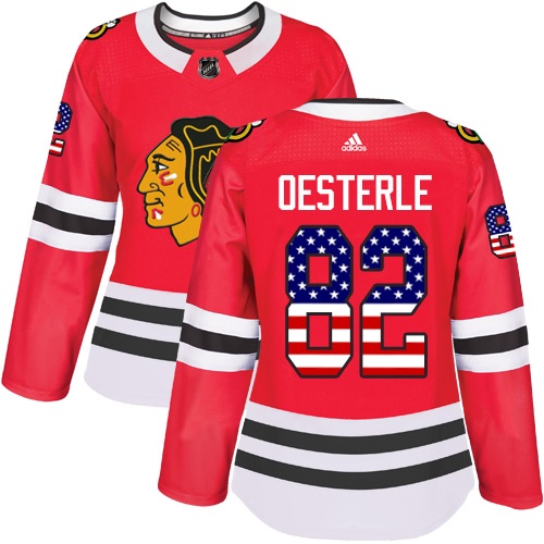 Women's Adidas Chicago Blackhawks #82 Jordan Oesterle Authentic Red USA Flag Fashion NHL Jersey