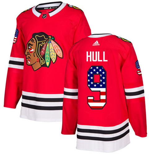 Men's Adidas Chicago Blackhawks #9 Bobby Hull Authentic Red USA Flag Fashion NHL Jersey