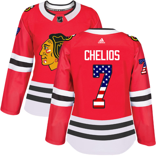 Women's Adidas Chicago Blackhawks #7 Chris Chelios Authentic Red USA Flag Fashion NHL Jersey
