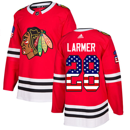 Men's Adidas Chicago Blackhawks #28 Steve Larmer Authentic Red USA Flag Fashion NHL Jersey