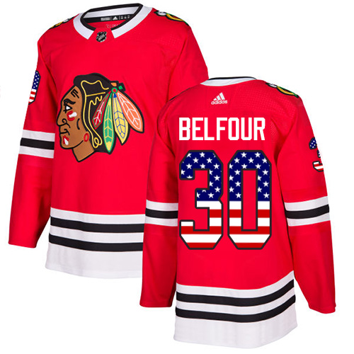 Men's Adidas Chicago Blackhawks #30 ED Belfour Authentic Red USA Flag Fashion NHL Jersey