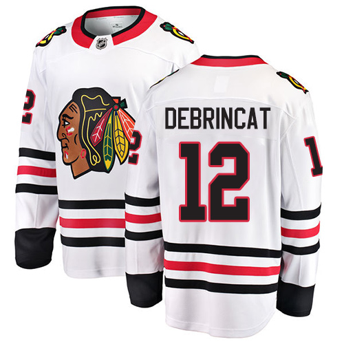 Men's Chicago Blackhawks #12 Alex DeBrincat Authentic White Away Fanatics Branded Breakaway NHL Jersey