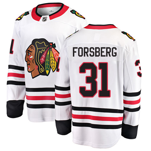 Men's Chicago Blackhawks #31 Anton Forsberg Authentic White Away Fanatics Branded Breakaway NHL Jersey