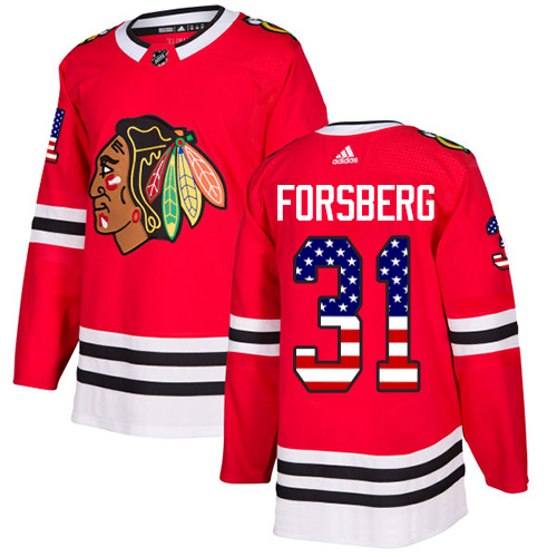 Men's Adidas Chicago Blackhawks #31 Anton Forsberg Authentic Red USA Flag Fashion NHL Jersey