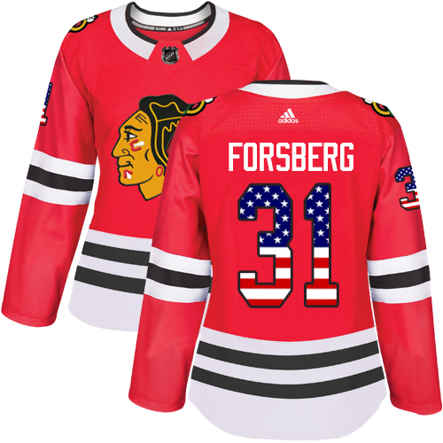 Women's Adidas Chicago Blackhawks #31 Anton Forsberg Authentic Red USA Flag Fashion NHL Jersey