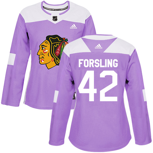 Women's Adidas Chicago Blackhawks #42 Gustav Forsling Authentic Purple Fights Cancer Practice NHL Jersey