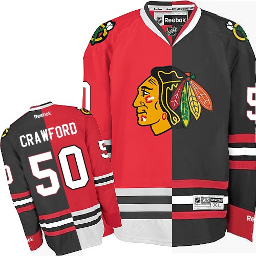 Men's Reebok Chicago Blackhawks #50 Corey Crawford Authentic Red/Black Split Fashion NHL Jersey