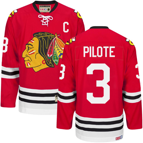 Men's CCM Chicago Blackhawks #3 Pierre Pilote Authentic Red New Throwback NHL Jersey