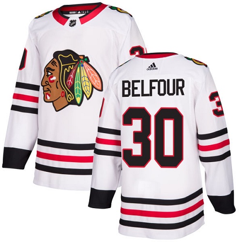 Men's Adidas Chicago Blackhawks #30 ED Belfour Authentic White Away NHL Jersey