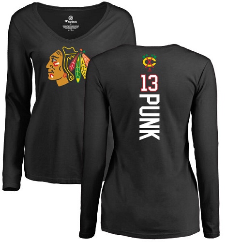 NHL Women's Adidas Chicago Blackhawks #13 CM Punk Black Backer Long Sleeve T-Shirt