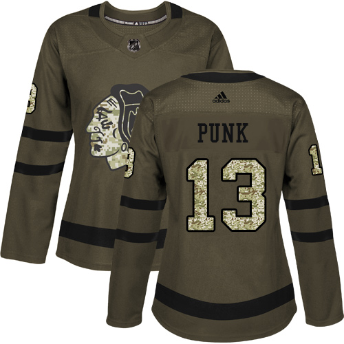 Women's Adidas Chicago Blackhawks #13 CM Punk Authentic Green Salute to Service NHL Jersey
