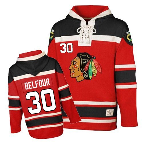 Men's Old Time Hockey Chicago Blackhawks #30 ED Belfour Authentic Red Sawyer Hooded Sweatshirt