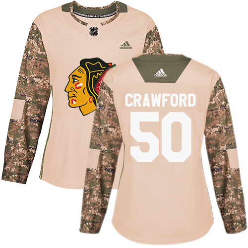 Women's Adidas Chicago Blackhawks #50 Corey Crawford Authentic Camo Veterans Day Practice NHL Jersey