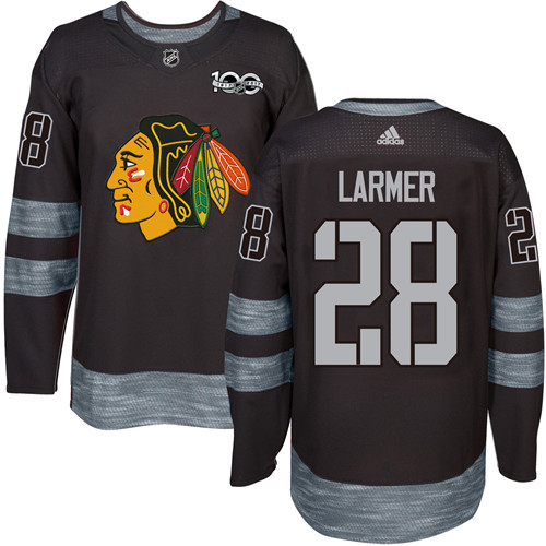Men's Adidas Chicago Blackhawks #28 Steve Larmer Premier Black 1917-2017 100th Anniversary NHL Jersey