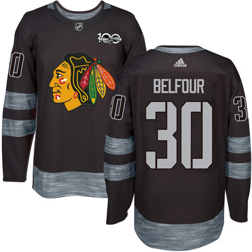 Men's Adidas Chicago Blackhawks #30 ED Belfour Authentic Black 1917-2017 100th Anniversary NHL Jersey