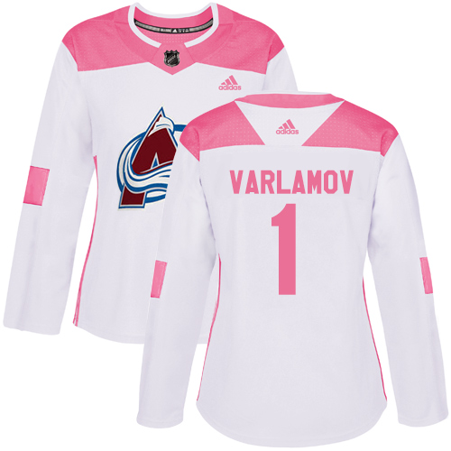Women's Adidas Colorado Avalanche #1 Semyon Varlamov Authentic White/Pink Fashion NHL Jersey