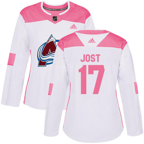 Women's Adidas Colorado Avalanche #17 Tyson Jost Authentic White/Pink Fashion NHL Jersey