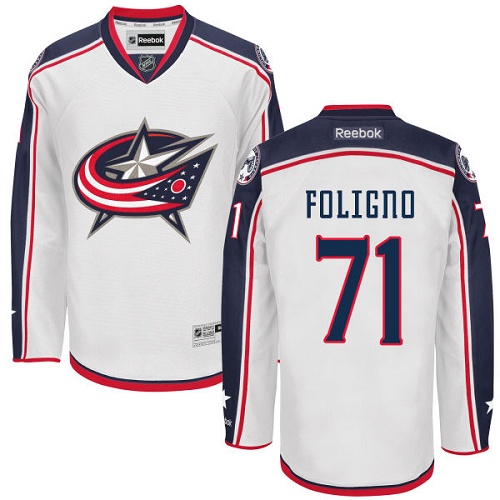 Men's Reebok Columbus Blue Jackets #71 Nick Foligno Authentic White Away NHL Jersey