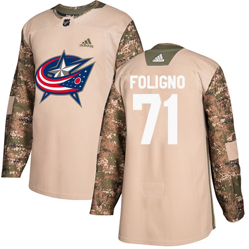 Men's Adidas Columbus Blue Jackets #71 Nick Foligno Authentic Camo Veterans Day Practice NHL Jersey