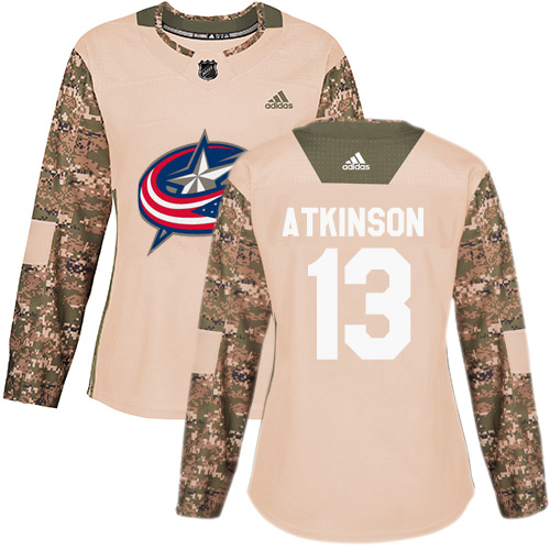 Women's Adidas Columbus Blue Jackets #13 Cam Atkinson Authentic Camo Veterans Day Practice NHL Jersey