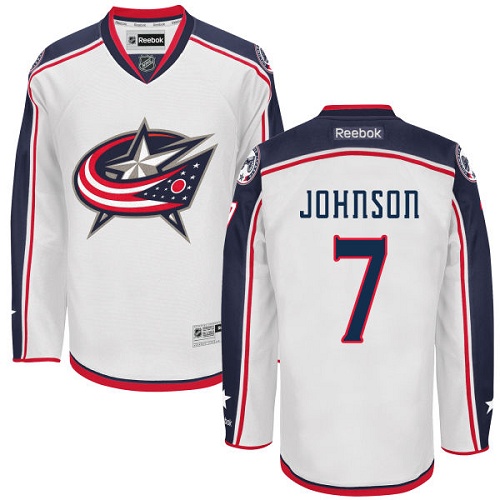 Men's Reebok Columbus Blue Jackets #7 Jack Johnson Authentic White Away NHL Jersey