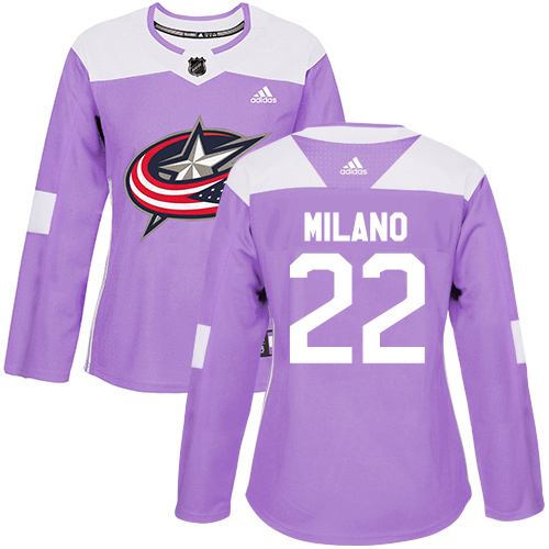 Women's Adidas Columbus Blue Jackets #22 Sonny Milano Authentic Purple Fights Cancer Practice NHL Jersey