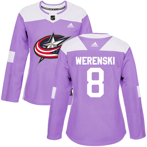 Women's Adidas Columbus Blue Jackets #8 Zach Werenski Authentic Purple Fights Cancer Practice NHL Jersey