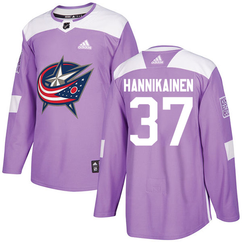 Men's Adidas Columbus Blue Jackets #37 Markus Hannikainen Authentic Purple Fights Cancer Practice NHL Jersey