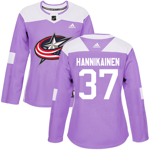 Women's Adidas Columbus Blue Jackets #37 Markus Hannikainen Authentic Purple Fights Cancer Practice NHL Jersey
